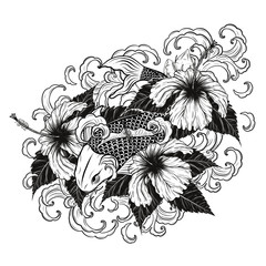 Sticker - Koi fish and Hibiscus tattoo by hand drawing.Tattoo art highly detailed in line art style.