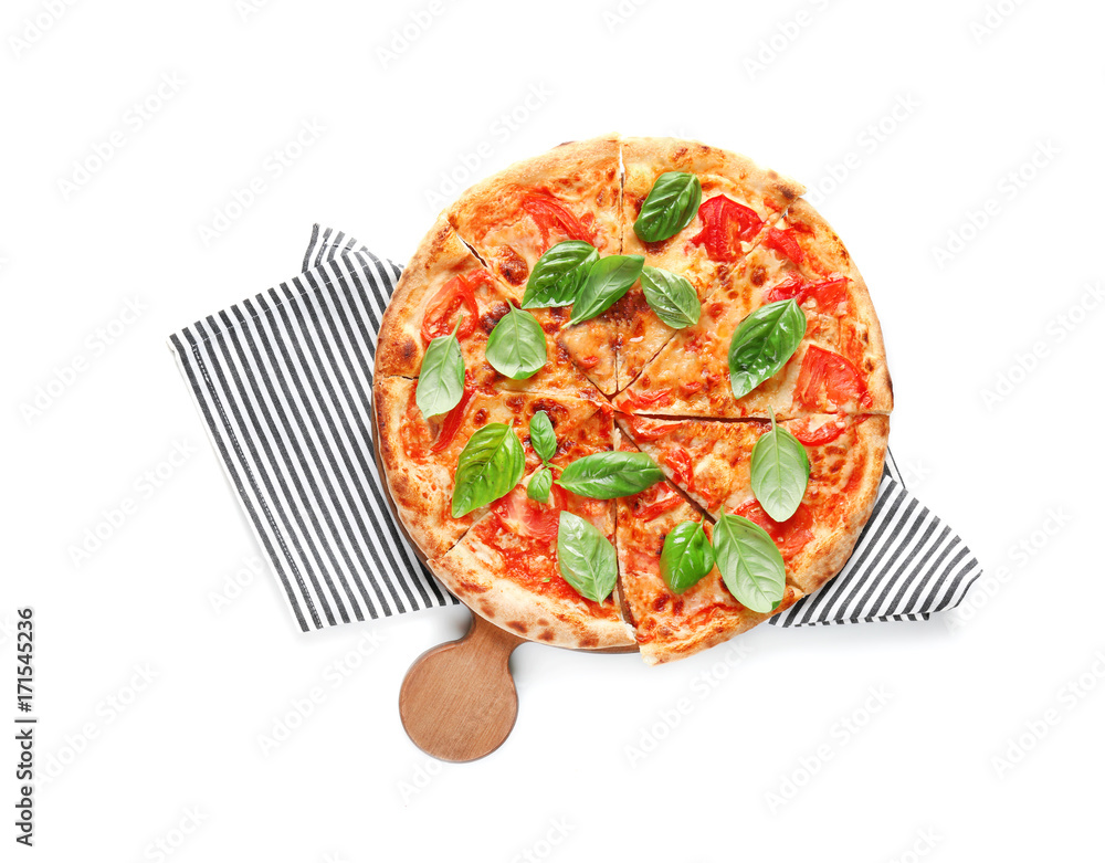 Delicious pizza with green fresh organic basil isolated on white