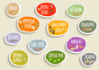 Vector set of trendy colorful paper stickers with beans, seeds and lettering. For packaging and advertising healthy food.