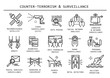 Vector set of counter-terrorism and surveillance thin line icons.