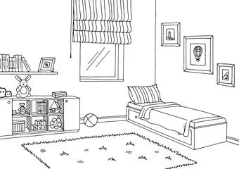 Children room graphic black white interior sketch illustration vector