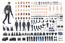 Thief, Burglar Or Robber DIY Kit. Collection Of Flat Male Cartoon Character Body Parts In Different Positions, Skin Types, Clothing And Accessories Isolated On White Background. Vector Illustration.
