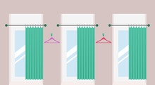 Row Of Vacant Fitting Rooms With Open Curtains And Mirrors Inside In A Fashion Shop. Cabins For Trying On Clothes In A Shopping Mall. Vector Illustration.