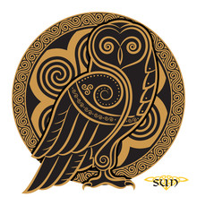 Owl Hand-drawn In Celtic Styl, On The Background Of The Celtic Moon Ornament