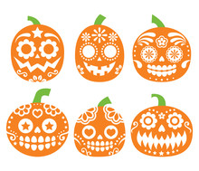 Halloween Pumpkin Vector Desgin - Mexican Sugar Skull Style, Dia De Los Muertos Decoration