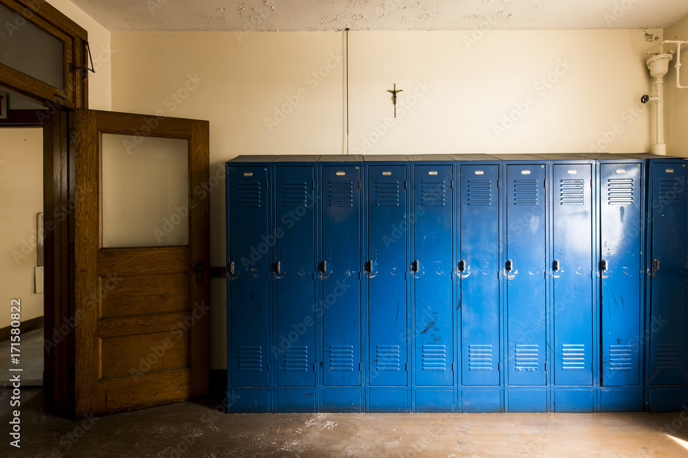 Church Locker Blue Lockers & Cross - Abandoned Church School Stock Photo | Adobe Stock