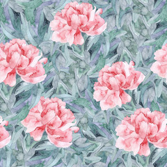  Seamless pattern with watercolor colors. Illustration in gentle colors with pink peony