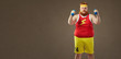 © Studio Romantic - Thick funny guy in sportswear with small dumbbells.