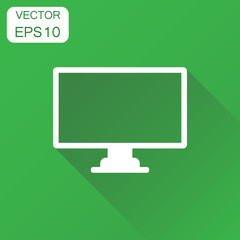 Computer monitor icon. Business concept tv screen pictogram. Vector illustration on green background with long shadow.