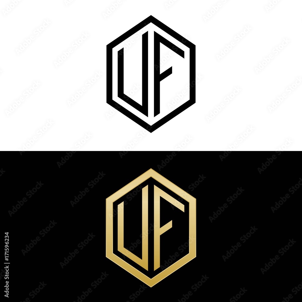 initial letters logo uf black and gold monogram hexagon shape vector ...