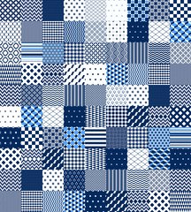 Blue and white patchwork quilted geometric seamless pattern, vector set