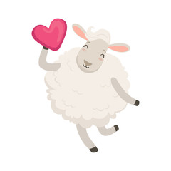 Poster - Cute white sheep character having fun with pink heart, funny humanized animal vector Illustration