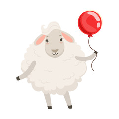 Sticker - Cute white sheep character standing with red balloon, funny humanized animal vector Illustration