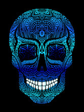 Tattoo Skull With Blue Eyes, Black And White Illustration On Black Background, Day Of The Dead Symbol.