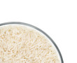 Close up of glass bowl with parboiled rice on white background. Healthy food. Top view, high resolution product.