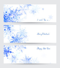 Three Winter Headers With Abstract Blue Snowflakes And Holiday Hand-drawn Inscriptions.