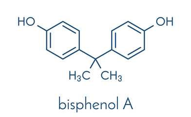 Sticker - Bisphenol A (BPA) plastic pollutant molecule. Chemical often present in polycarbonate plastics, has estrogen disrupting effects. Skeletal formula.