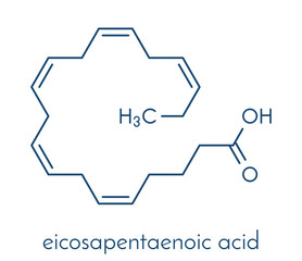 Sticker - Eicasapentaenoic acid (EPA, timnodonic acid) molecule. Polyunsaturated omega-3 fatty acid, present in fish oil. Skeletal formula.