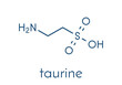 Taurine (2-aminoethanesulfonic acid) molecule. Common ingredient of energy drinks and nutritional supplements. Skeletal formula.