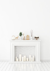 Fototapete - Winter livingroom interior with candle fireplace and christmas decorations on white wall background. 3D rendering.