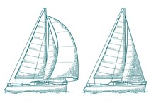 Two Sailing Yacht. Sailboat. Vector Drawn Flat Illustration