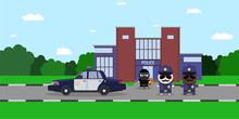 Illustration Of A Policeman Chasing A Thief With Stolen Bag. Police Station. Sheriff S Car And Cartoon 2d Collector Characters.