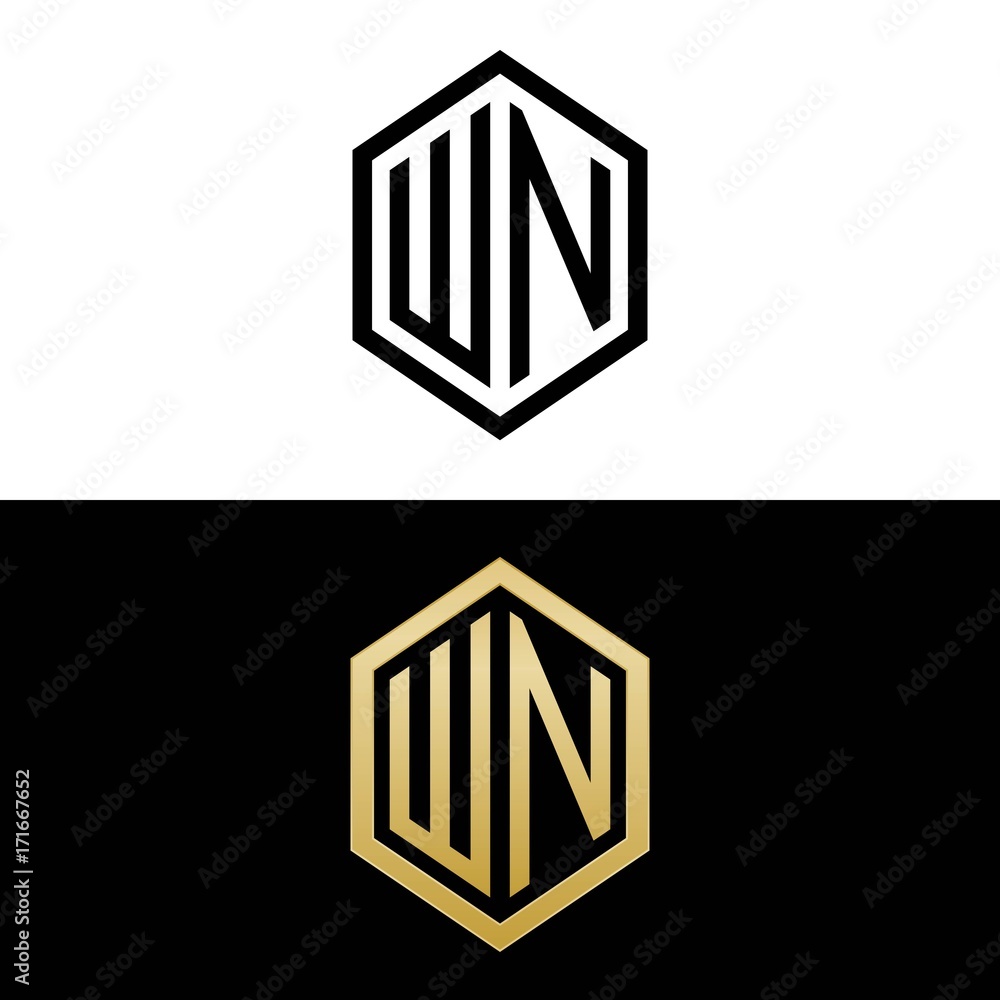 Wn Letters initial letters logo wn black and gold monogram hexagon shape vector ...