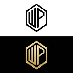 initial letters logo wp black and gold monogram hexagon shape vector