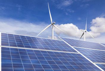 Wall Mural - solar panels and wind turbines generating electricity in power station green energy renewable with b