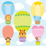 Animals in hot air balloons vector illustration set. Lion, tiger, monkey, elephant, and dog on cute pastel hot air balloons.