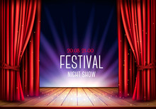 A Theater Stage With A Red Curtain And A Spotlight. Festival Night Show Background. Vector.
