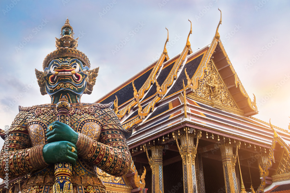 Wat Phra Kaew, Emerald Buddha temple,  Wat Phra Kaew is one of Bangkok's most famous tourist sites - obrazy, fototapety, plakaty 
