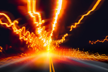 Wall Mural - high speed car driving on night highway road with light trail motion effect
