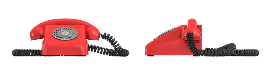 Wall Mural - 3d rendering of an old-fashioned rotary phone in front and side view on white background.