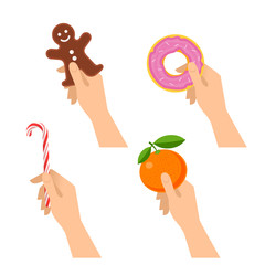 Wall Mural - Human hands hold christmas cookie, candy cane, sweet donut, tangerine. Flat illustration of male and female hands with traditional gifts and xmas sweet-stuff. Vector design element isolated on white.