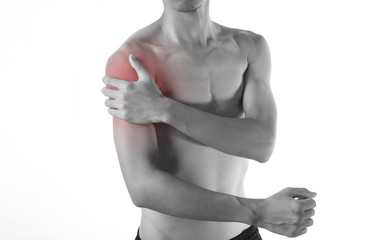 Young man arm and shoulder joint pain on white background.