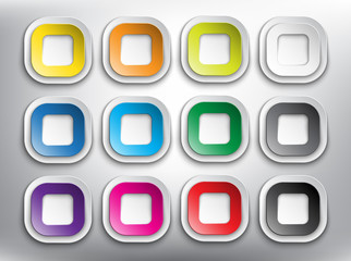 Wall Mural - Abstract vector web buttons set of 12. Set of square paper style buttons for your website or app. Isolated on the white background. Vector illustration. Eps10.