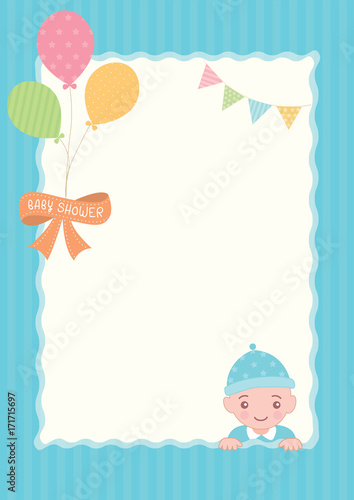 Baby shower frame design with baby boy on blue background. Stock Vector ...