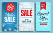 © AmazeinDesign - Winter sale vector poster design set with sale text and snow elements in colorful winter background for shopping promotions. Vector illustration.