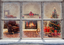 Christmas Scene Through Window 3D Rendering