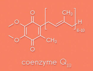 Canvas Print - Coenzyme Q10 (ubiquinone, ubidecarenone, CoQ10) molecule, chemical structure. Plays an essential role in the production of cellular energy; has antioxidant properties. Skeletal formula.