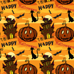 Wall Mural - Seamless Halloween background with Old ruined castle, pumpkin cat and other things.