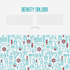  Beauty saloon concept with thin line icons of cosmetics, make up and beauty accessories. Vector illustration for banner, web page, print media with place for text.