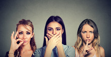 Keep A Secret Be Quiet Concept. Three Secretive Young Women Keeping Mouth Shut.