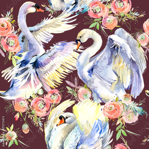 Cotton fabric swans and roses seamless pattern. romantic wrapping design.