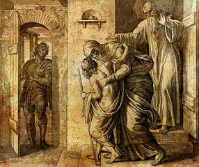 Wall Mural - Prophet Elizeus heals dying child of a mother, graphic collage from engraving of Nazareene School, published in The Holy Bible, St.Vojtech Publishing, Trnava, Slovakia, 1937.