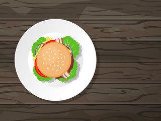 tasty fresh burger  white plate on wooden background top view