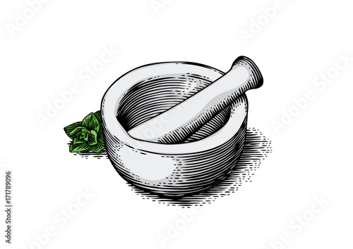 Fotomural Mortar bowl and pestle with herb