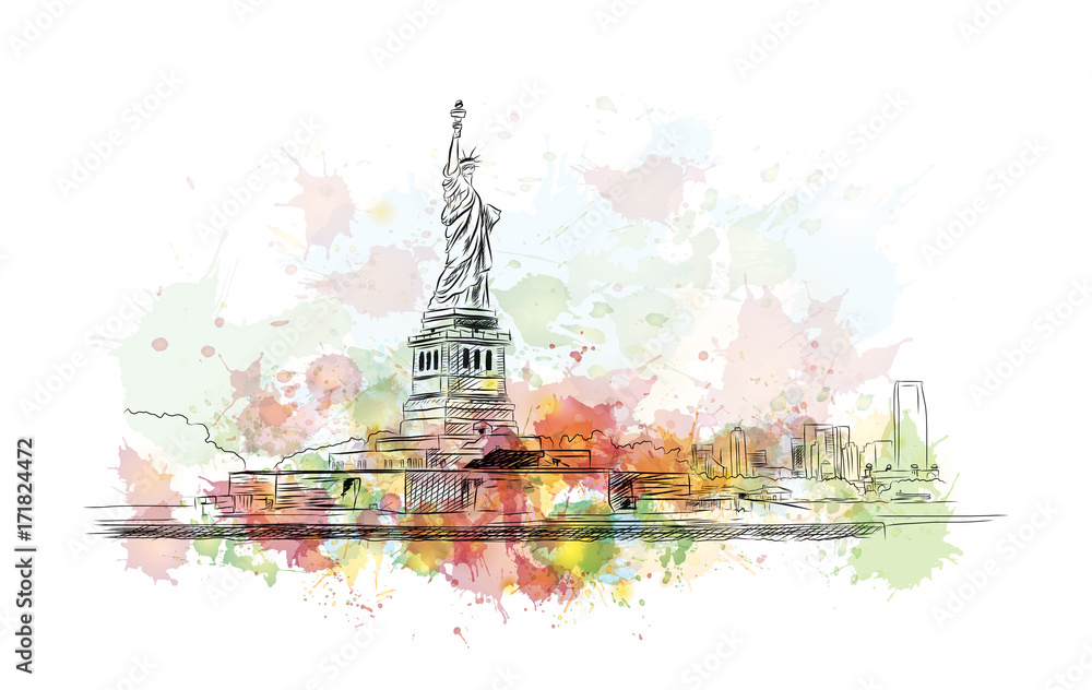 Watercolor sketch of Statue of Liberty New York City USA in vector ...