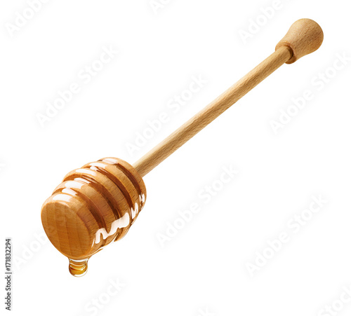 Isolated wooden dipper with dripping honey Poster Mural XXL